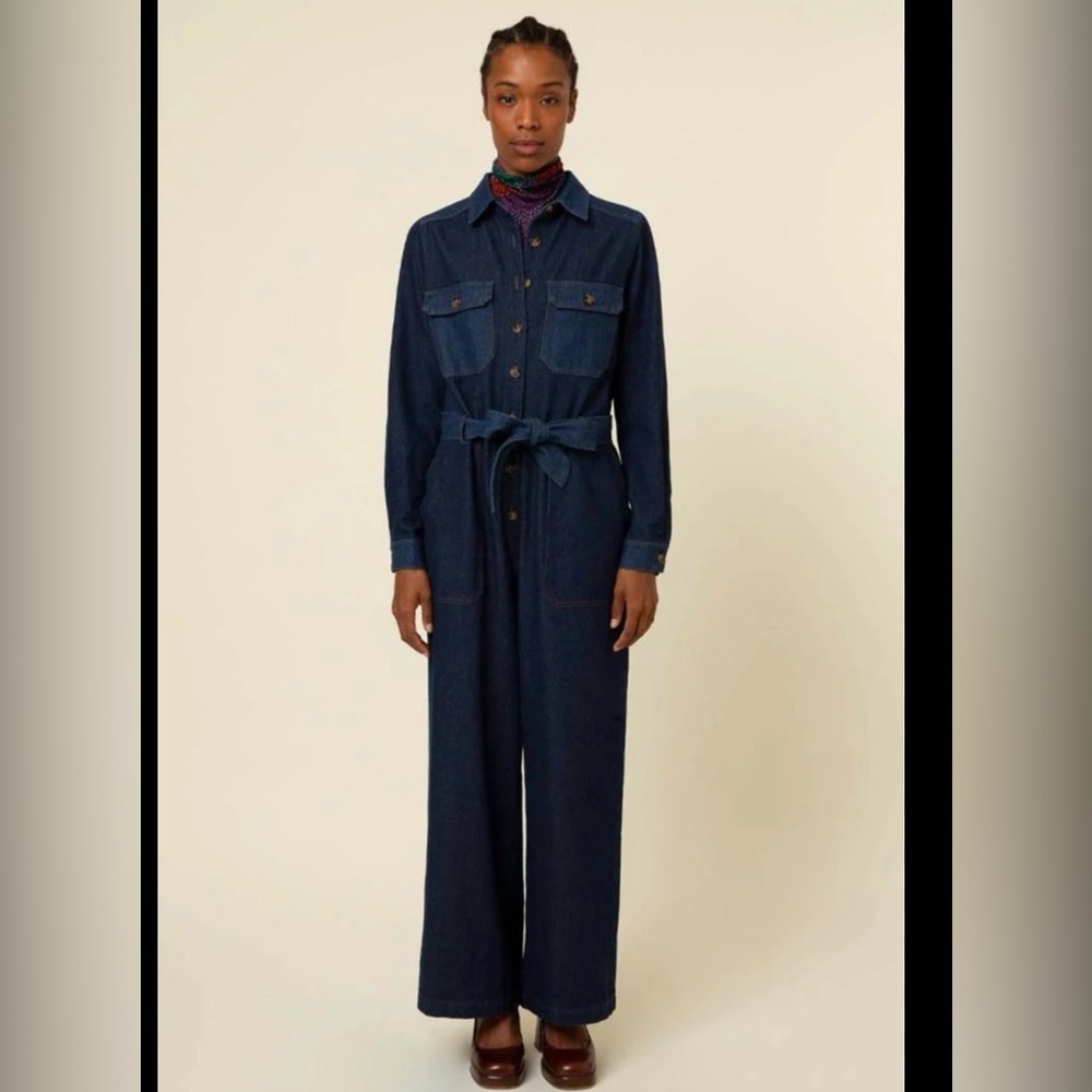 FRNCH Dark Blue Denim Utility Jumpsuit with Tie Waist